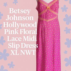 Betsey Johnson XL Hollywood Midi Pink Floral Lace Slip Adjustable StrapDress NWT